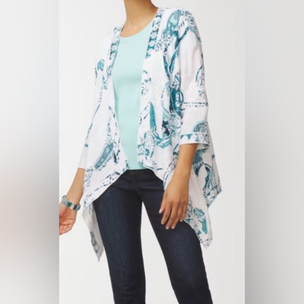 #6048 - Chico’s Mix of Paisley Embroidered Drape Front Jacket White Aqua Teal